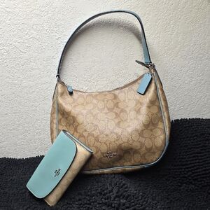 Coach Tan and Light Blue Hobo Bag Set